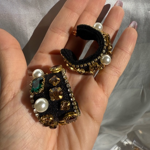Vintage handmade Black and Gold pearl multicolour crystal earrings - Picture 8 of 10